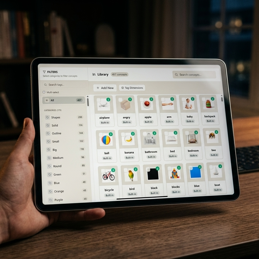 Interlaza stimulus library showing 450+ concept cards including realistic photos, pictograms and shapes