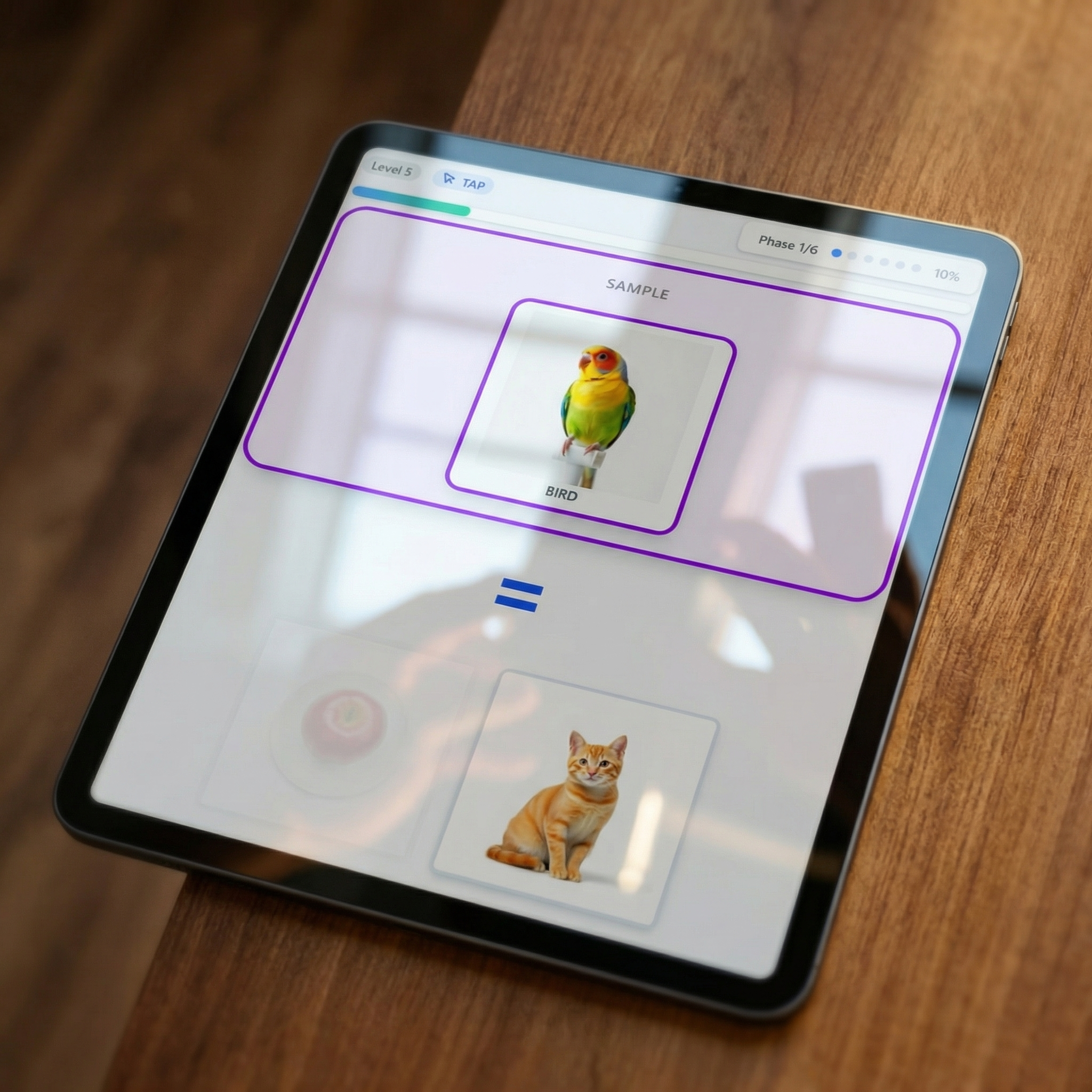 Interlaza match-to-sample trial screen showing a matching exercise on a tablet