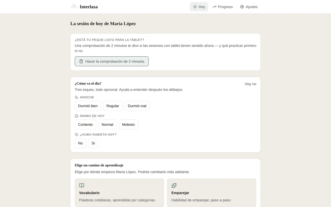 La pantalla Hoy del plan Family con la siguiente sesión preparada, un breve registro opcional y acceso al progreso.