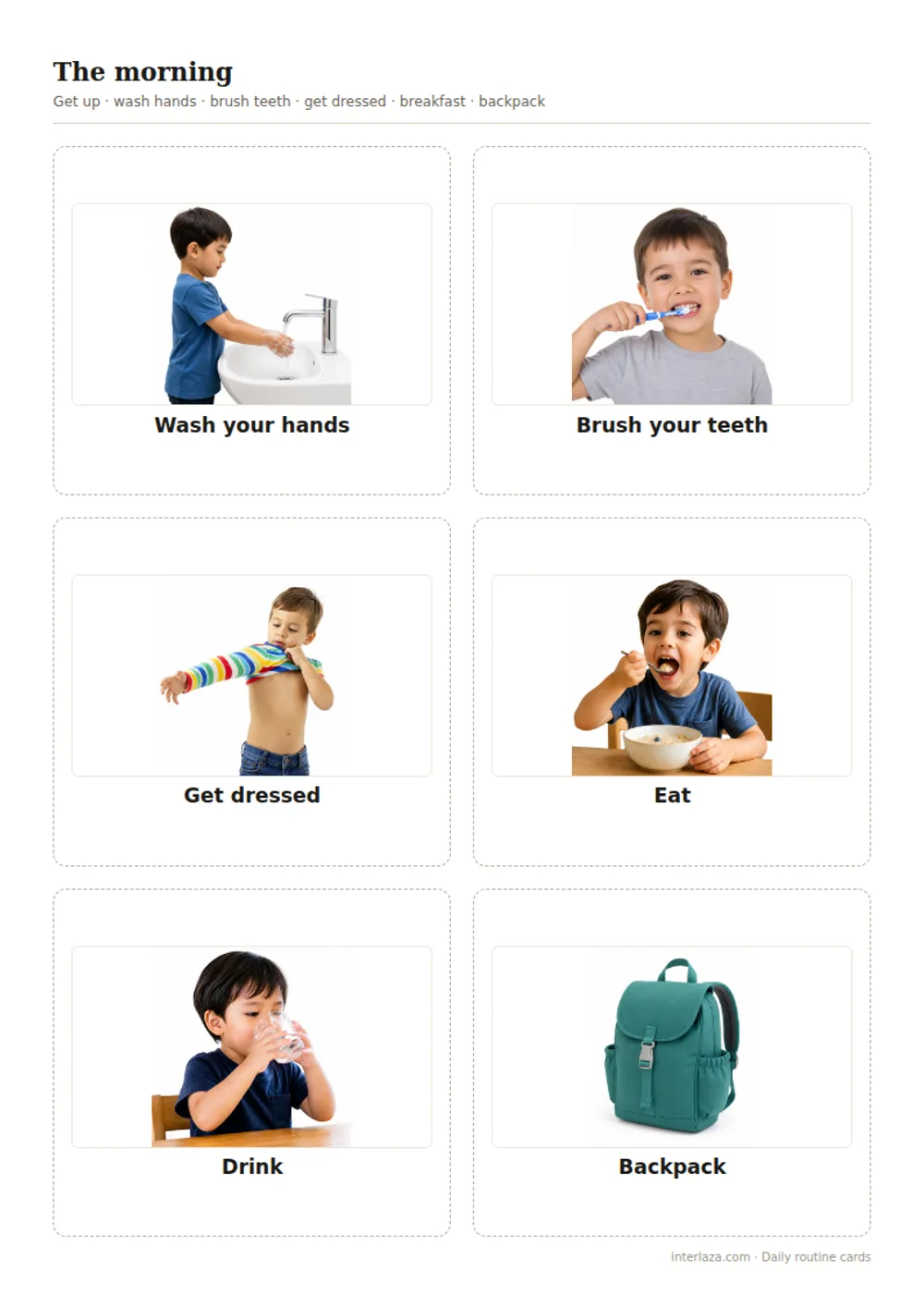 The "The morning" sheet from the PDF: six cards with a cutting line — wash your hands, brush your teeth, get dressed, eat, drink and a backpack.
