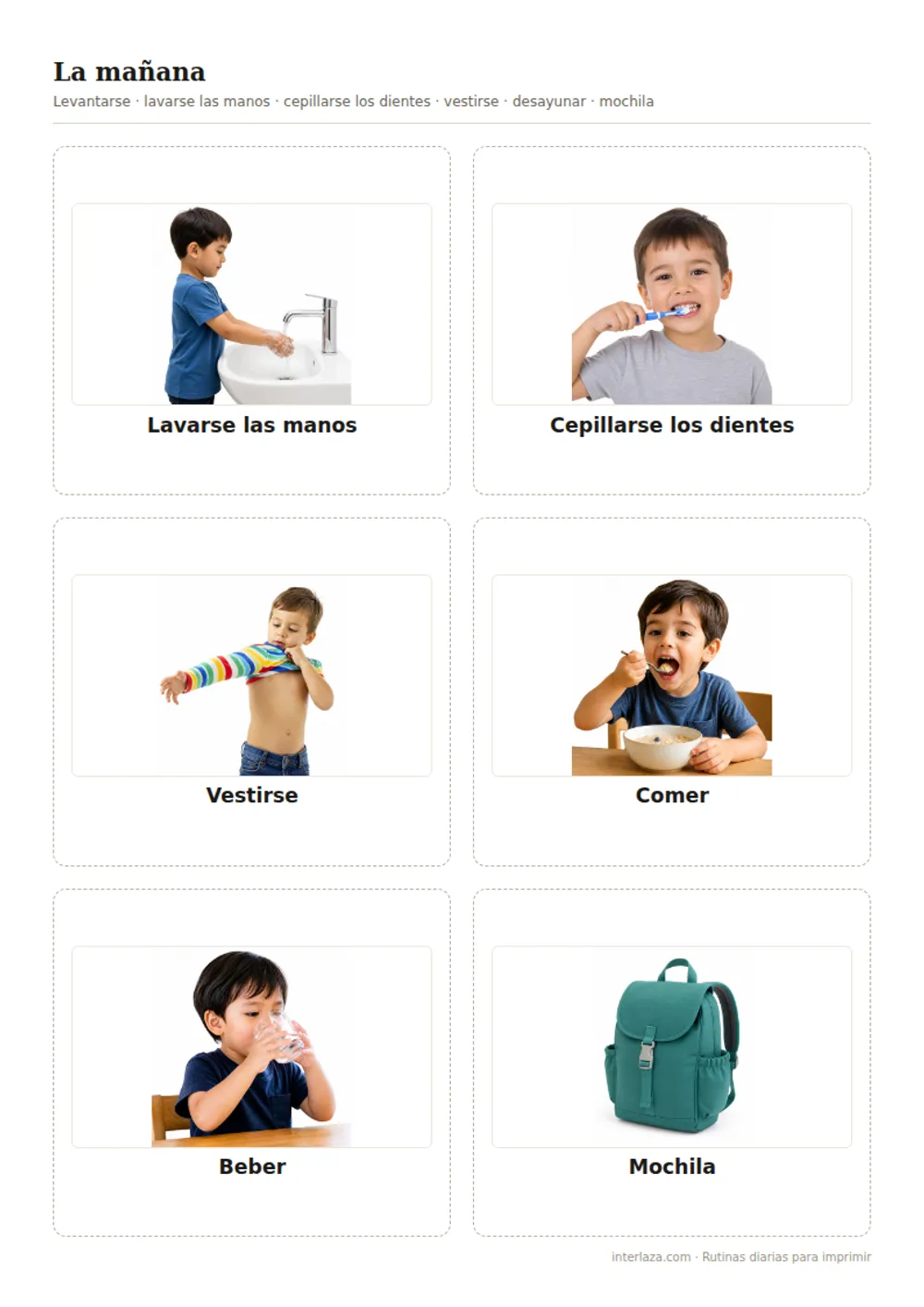 Hoja «La mañana» del PDF: seis tarjetas con línea de corte — lavarse las manos, cepillarse los dientes, vestirse, comer, beber y una mochila.