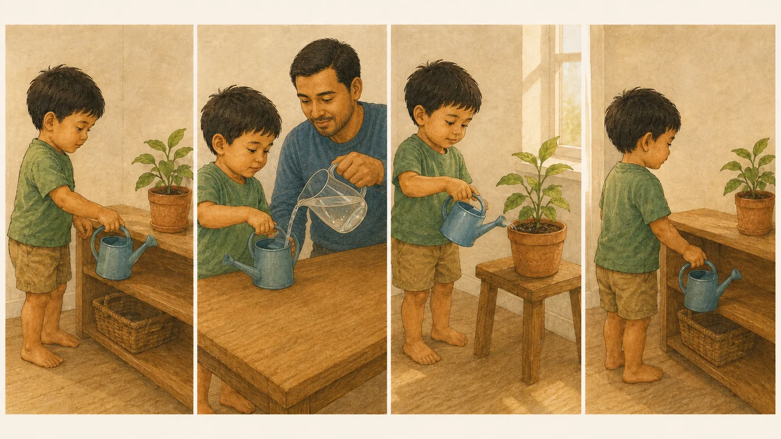 Four steps in watering a plant: pick up the watering can, fill it with help, water the plant, and put the can away.