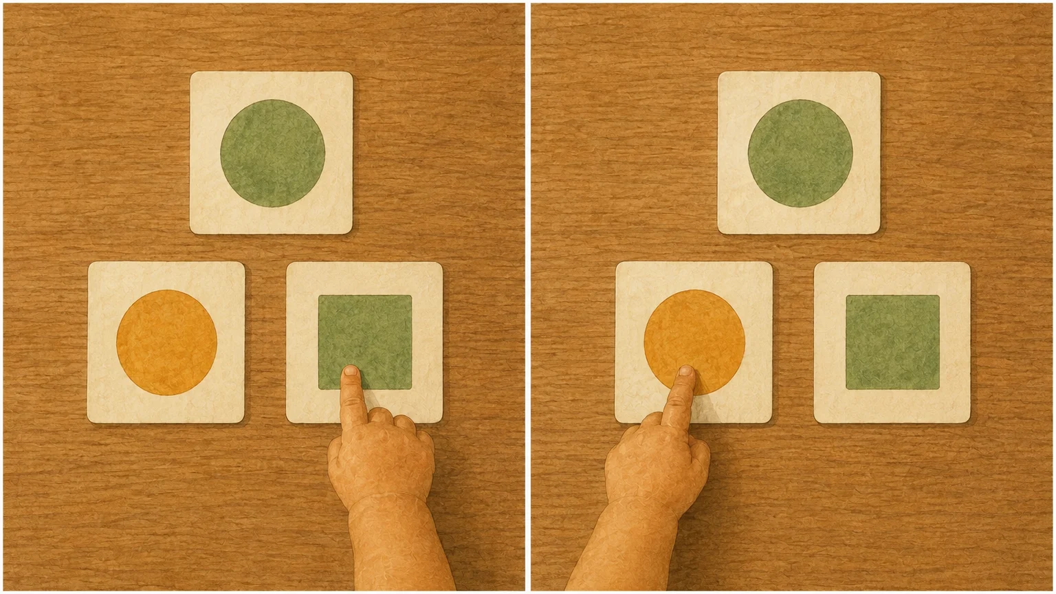 Two panels repeat a green circle sample and the same options: an ochre circle on the left and a green square on the right. The child’s hand selects a different option in each.