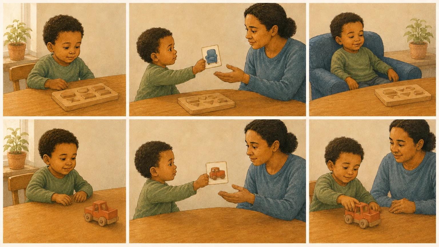 Two sequences: a child shows a card of an armchair and then rests; afterwards the child shows a card of a truck and plays with it.
