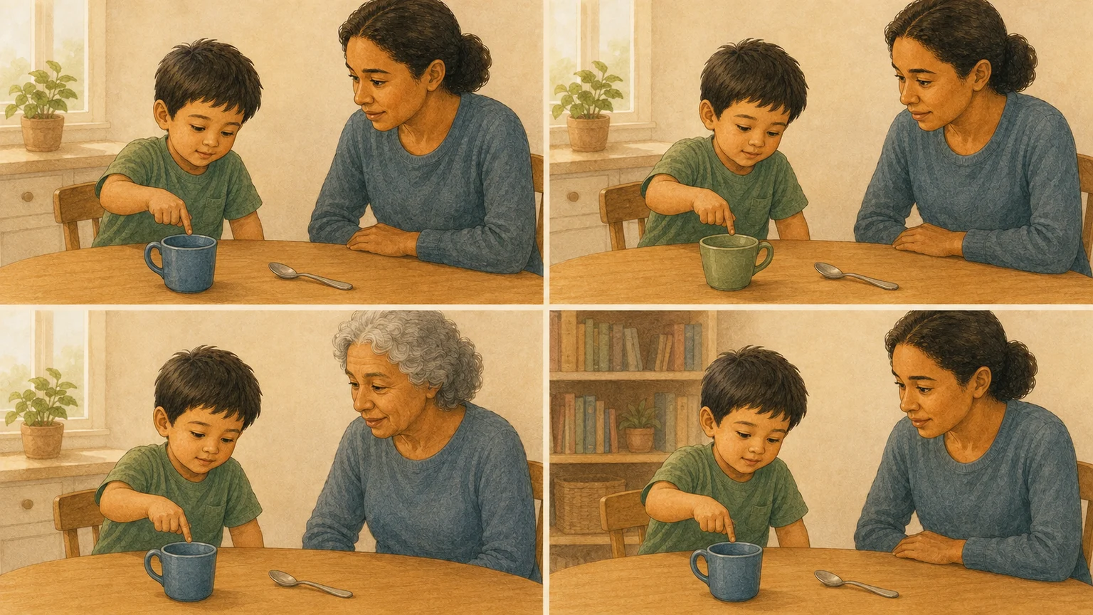 Four scenes of selecting a cup: a reference situation, a new cup, a different person, and a different place.