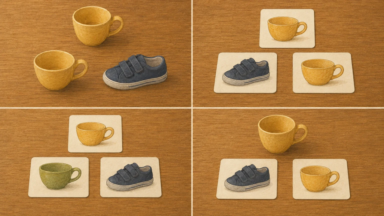 Four arrays show cup-to-real-cup matching, identical cup pictures, different cup exemplars, and a real cup matched to a picture, with a shoe as the other option.