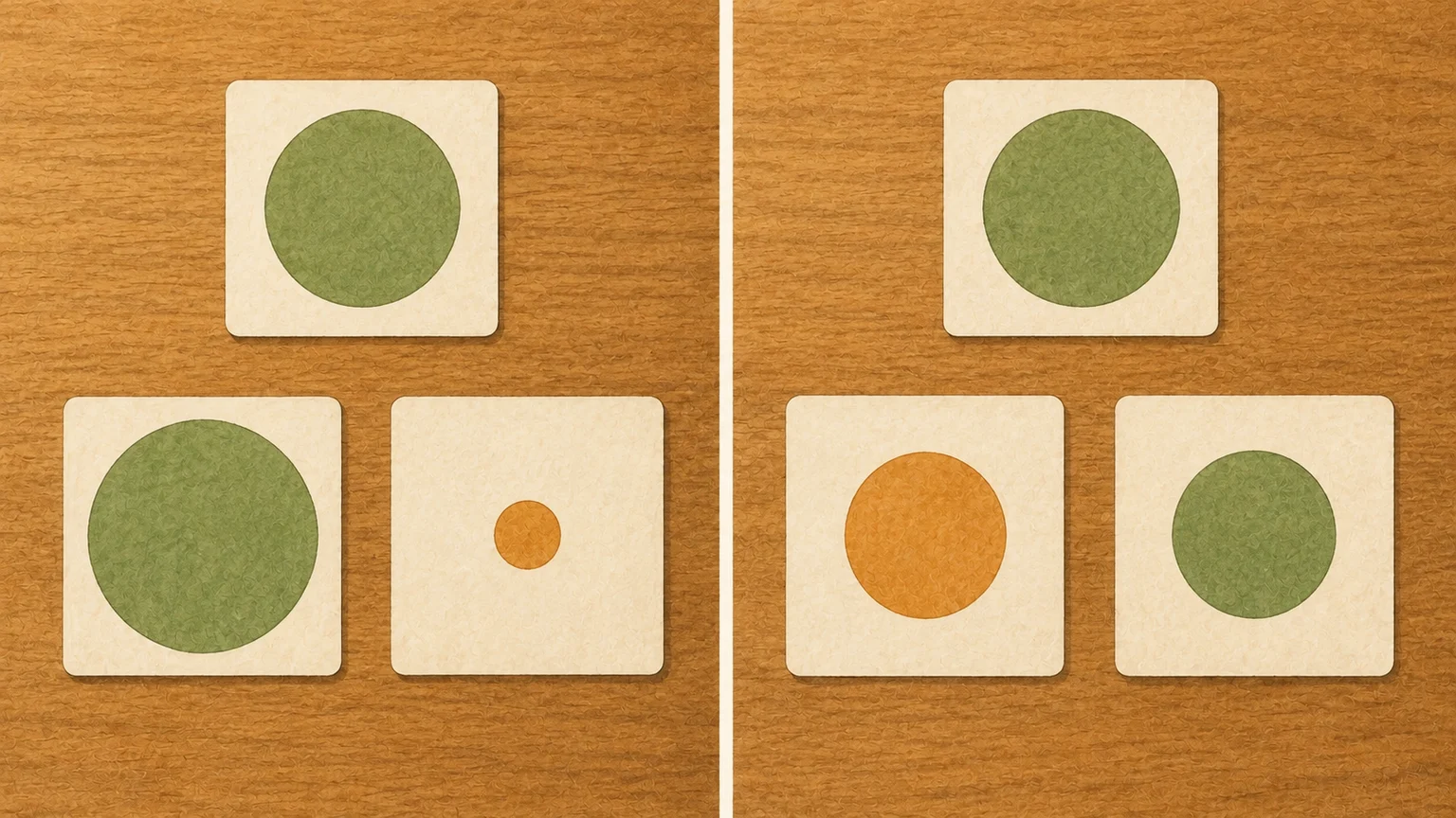 Two sets of figures: in the first, the correct green circle is bigger than the other option; in the second, both options are the same size and vary in position.