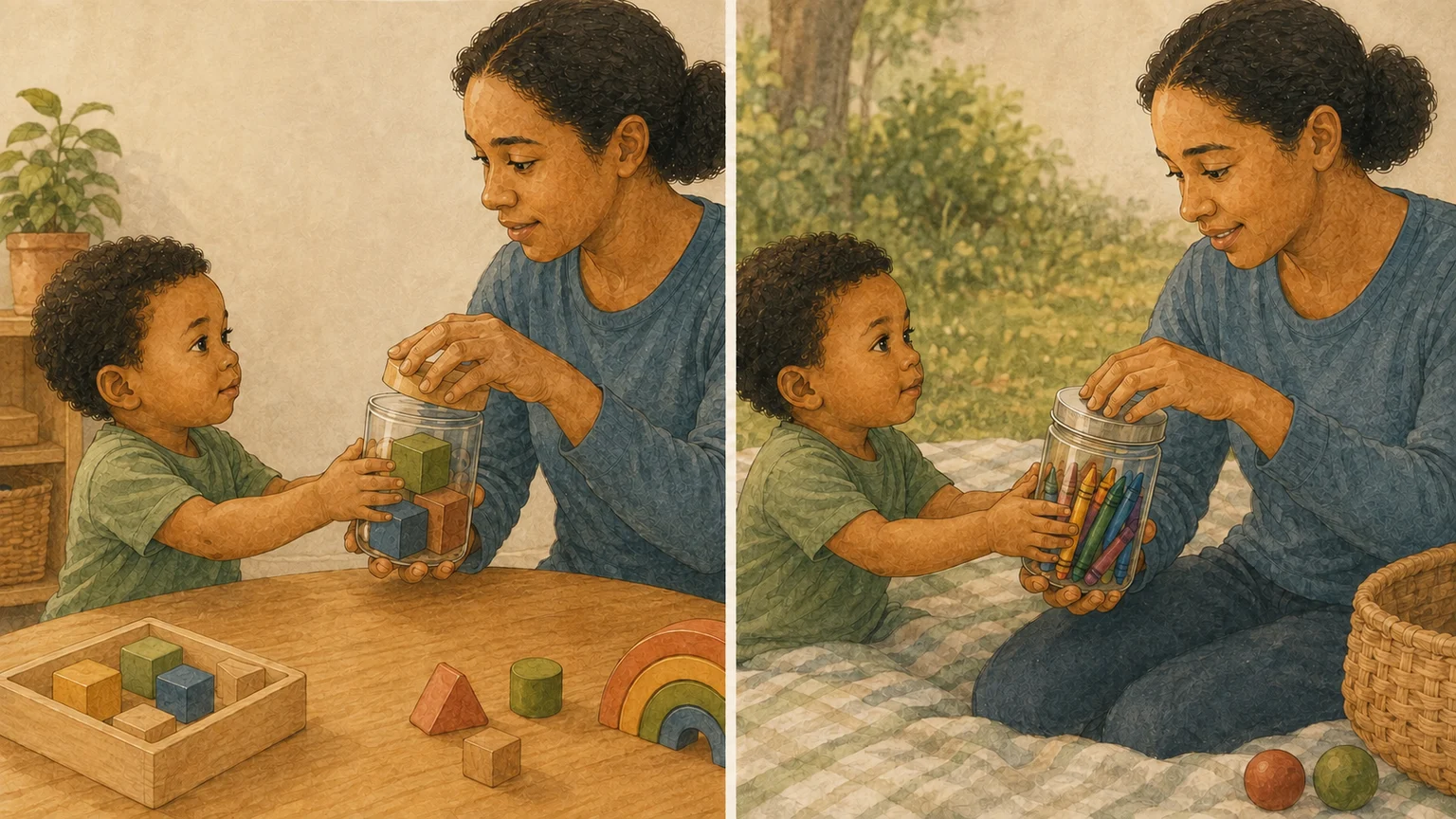 A child hands a container to an adult who opens it: with large blocks at a table, and with crayons during play on the floor.