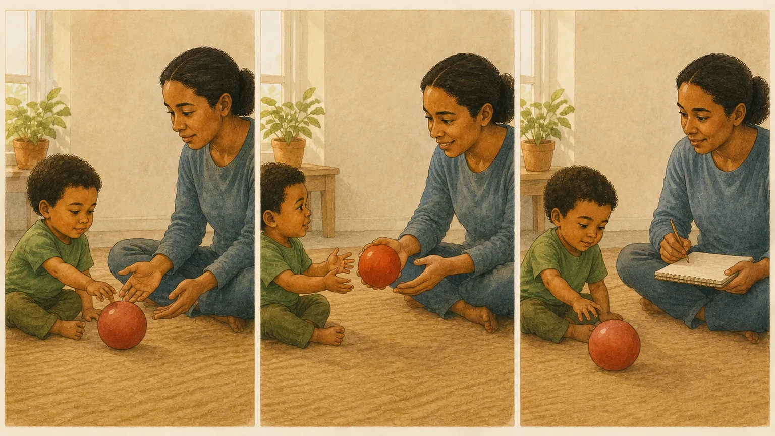 A child rolls a ball, an adult rolls it back, and then observes another play opportunity with a notebook.