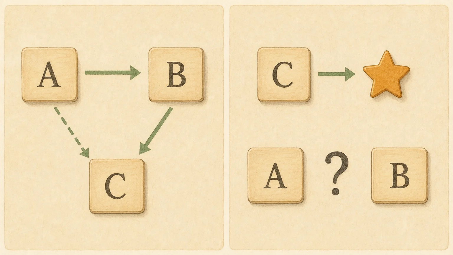 On the left, solid arrows connect A to B and B to C, with a dashed arrow from A to C. On the right, C is linked to a star and a question mark appears between A and B.