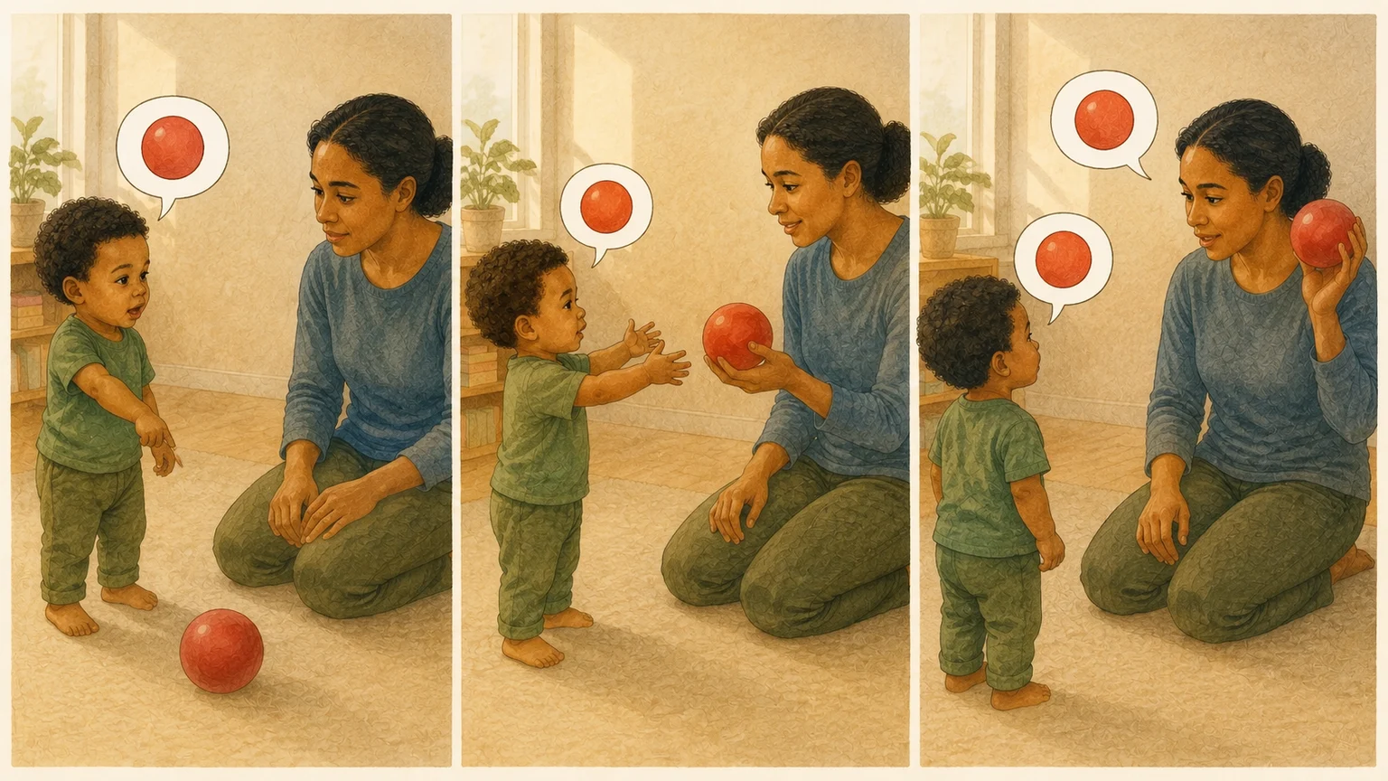 Three ball scenes: a child sees a ball on the floor, asks an adult for it, and repeats an adult's vocal model.