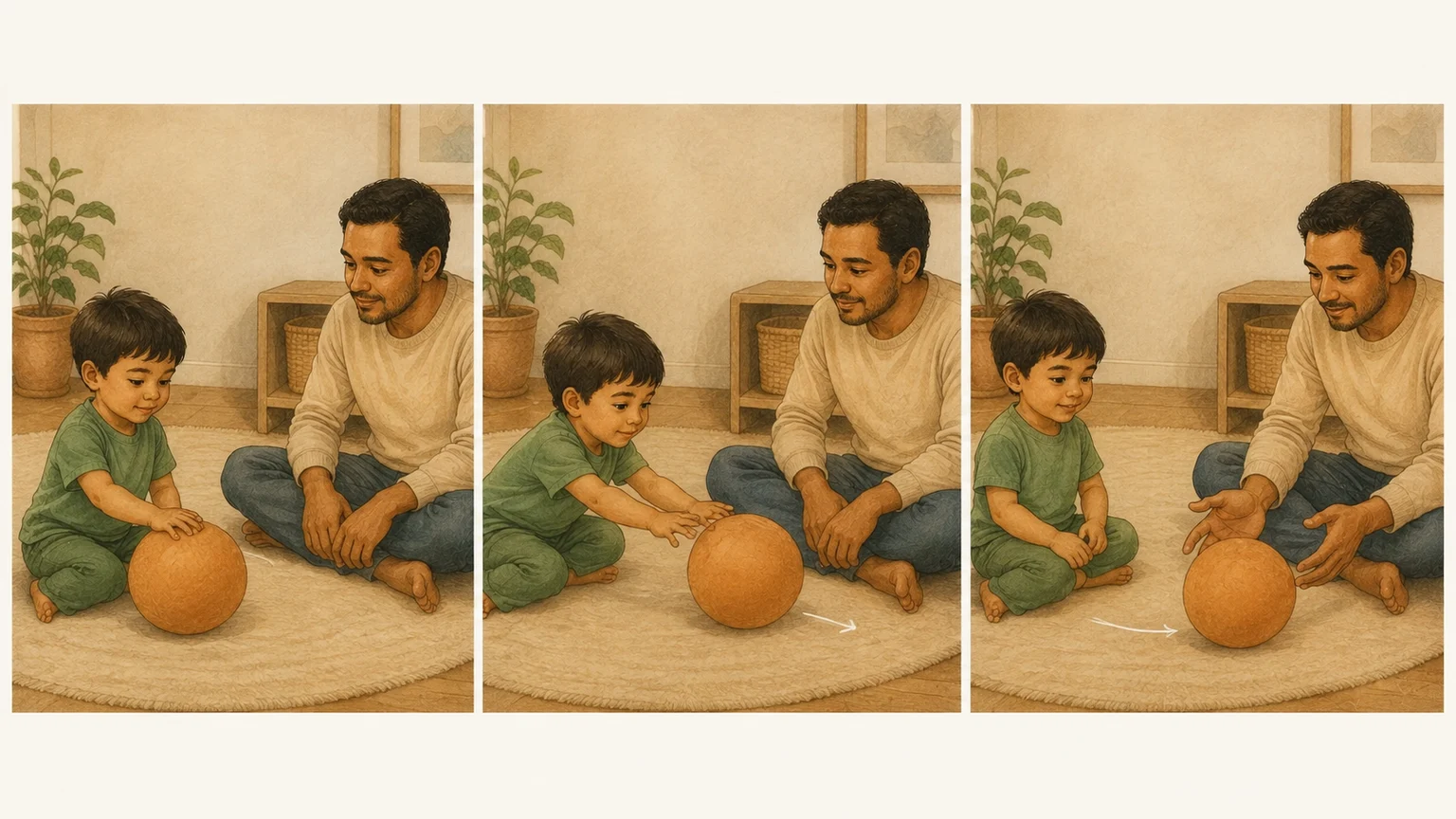 Three panels show a child touching a ball, pushing it, and rolling it toward an adult.