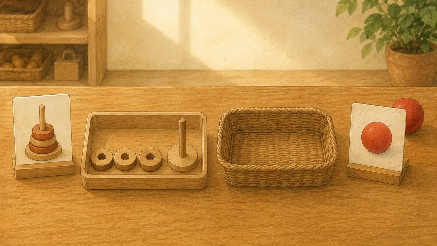 A table shows a model of a peg with three rings, a tray of materials, a finished basket, and a ball card beside a ball.