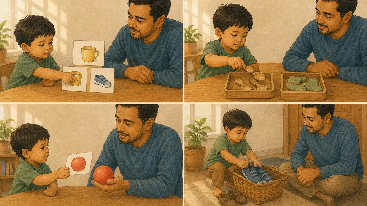 Four scenes show matching cards of cups, sorting spoons from socks, asking for a ball with a card, and putting shoes away in a basket.
