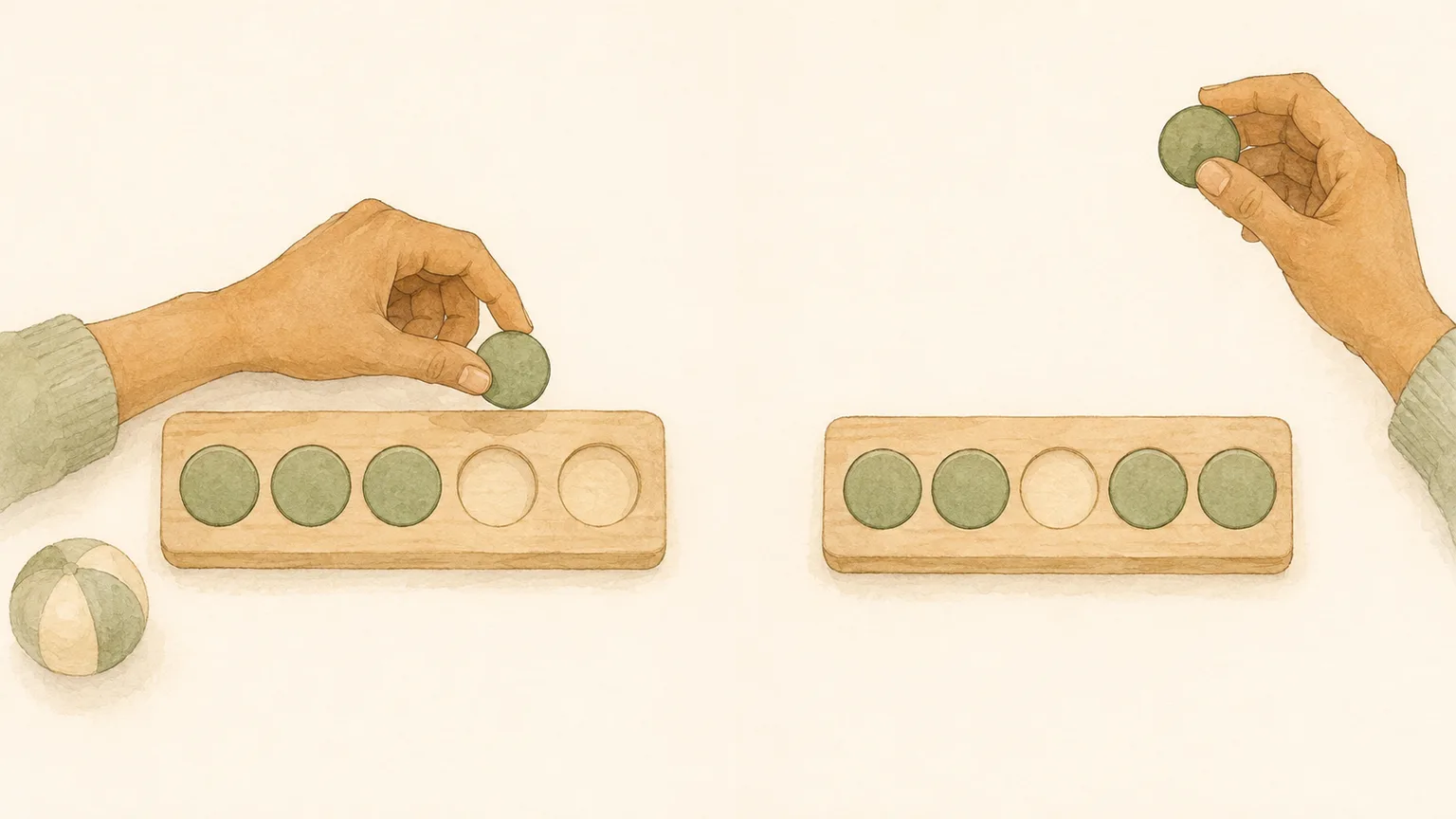 Two five-slot boards. In the first, a hand places a token in the fourth slot after three already there, with a ball beside it. In the second, a hand holds a token above the board and the middle slot has been left empty.