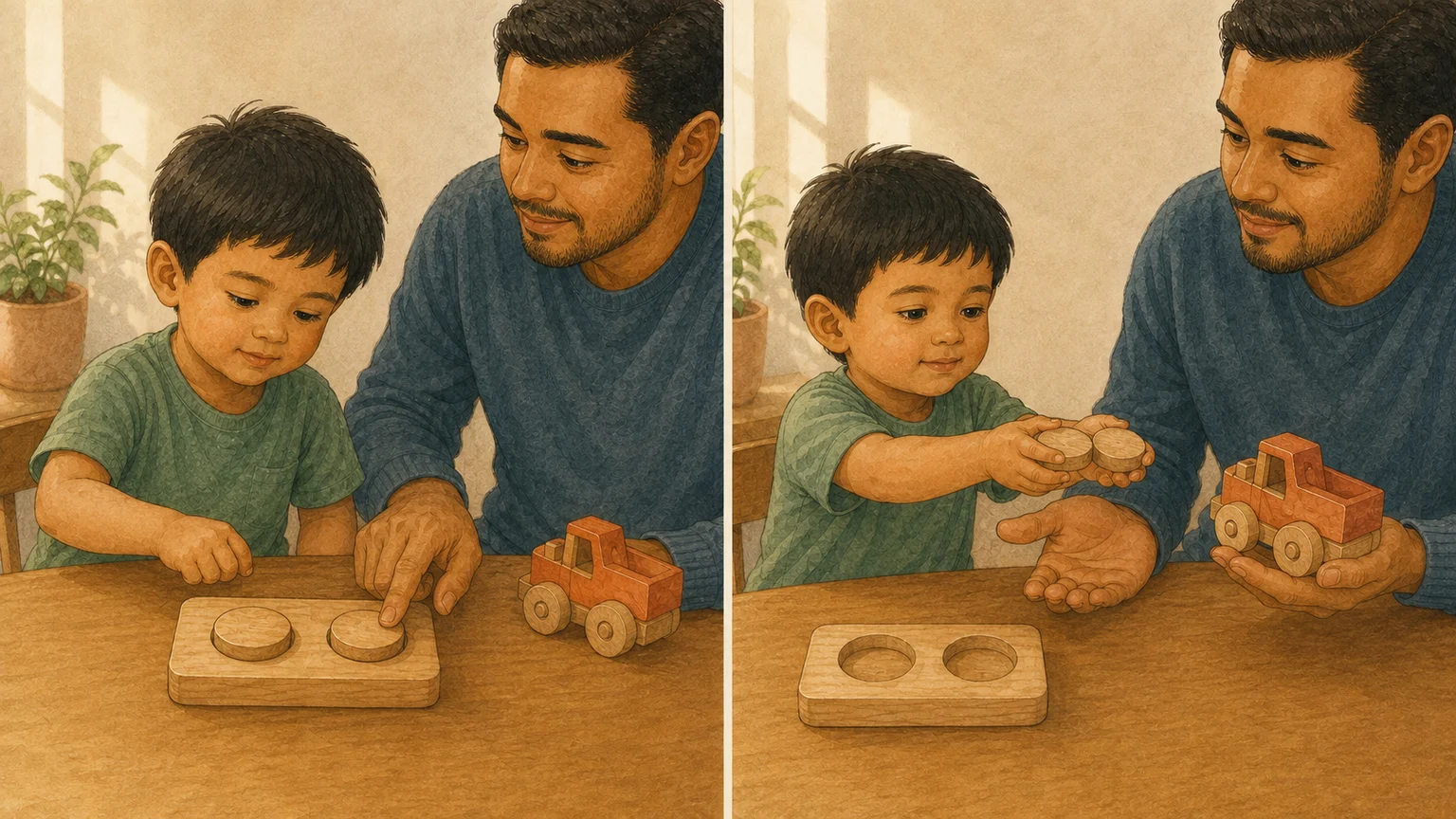 An adult adds the second token to a two-slot board; then the child hands over both tokens and receives a toy truck.