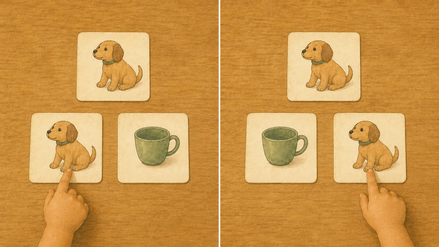 Dos ensayos ilustrados con una muestra de perro en ambos. A la izquierda, el perro está a la izquierda de la taza y es elegido. A la derecha, las tarjetas intercambian posiciones y se elige el perro, ahora a la derecha.