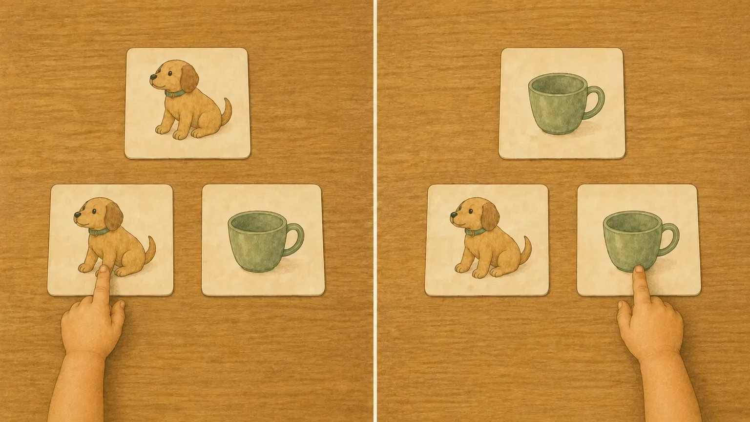 Dos ensayos ilustrados. A la izquierda, una muestra de perro sobre las tarjetas de perro y taza; el dedo de un niño elige el perro. A la derecha, una muestra de taza sobre las mismas tarjetas en las mismas posiciones; el dedo del niño elige la taza.