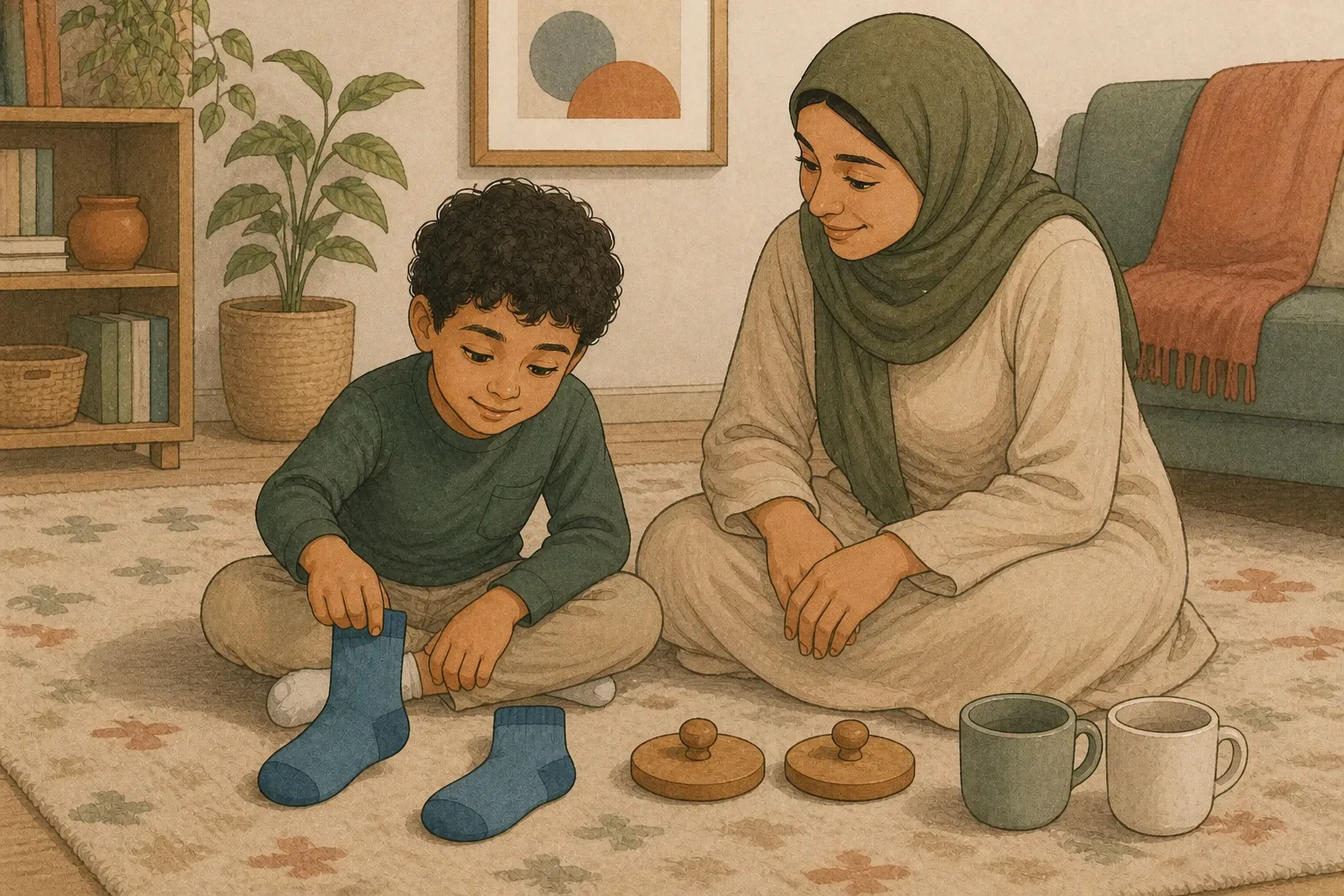 An Instructor lays out everyday objects for a match-to-sample activity with a child