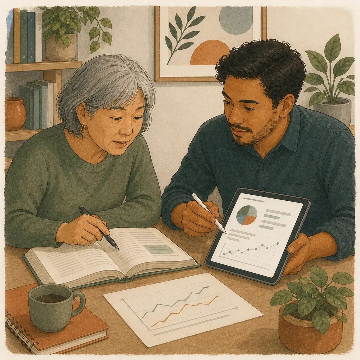 Two researchers comparing results on a wall chart