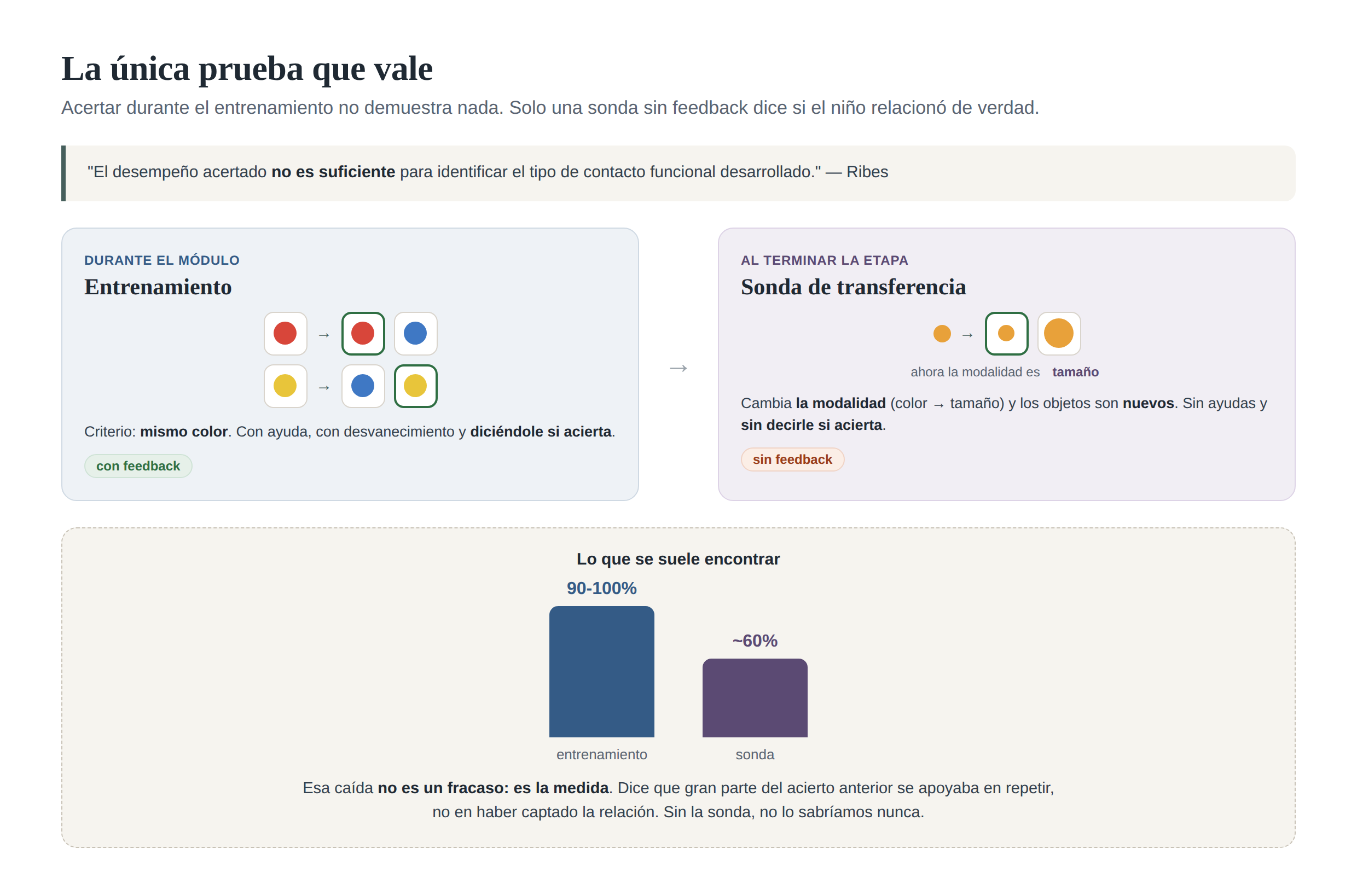 Entrenamiento con feedback frente a sonda de transferencia sin feedback, y la caída esperada