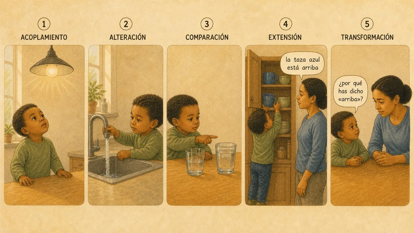 Una cocina en cinco viñetas: el niño mira la luz que se encendió, gira el grifo, señala el vaso más lleno, coge la taza que le describen y pregunta por qué se dijo «arriba»