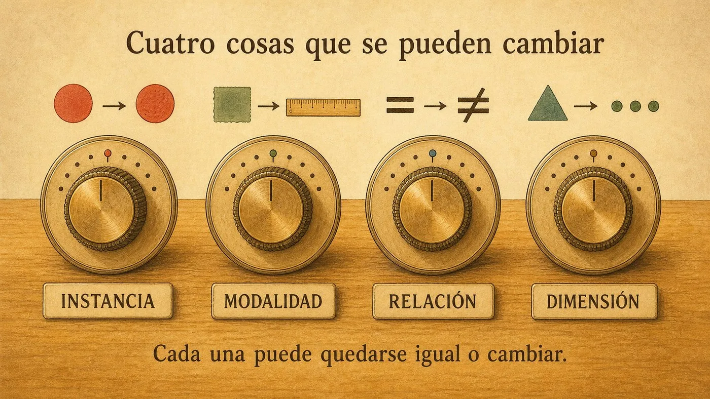 Cuatro ruedas giratorias sobre la mesa: instancia, modalidad, relación y dimensión, cada una con un ejemplo de cambio