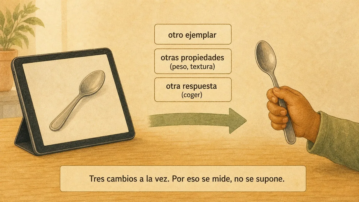 La tablet con la foto de una cuchara a la izquierda, una cuchara real en la mano del niño a la derecha, y tres etiquetas sobre la flecha que las une