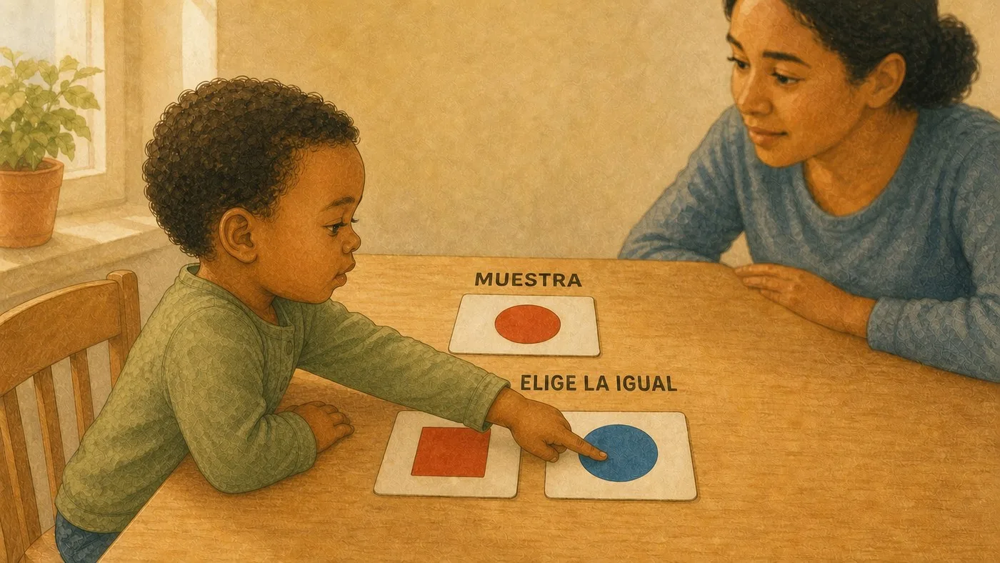 La mesa: la muestra arriba, dos opciones abajo y el dedo del niño sobre el círculo azul