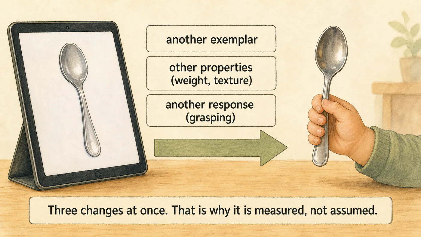 The tablet with the photo of a spoon on the left, a real spoon in the child's hand on the right, and three labels on the arrow joining them