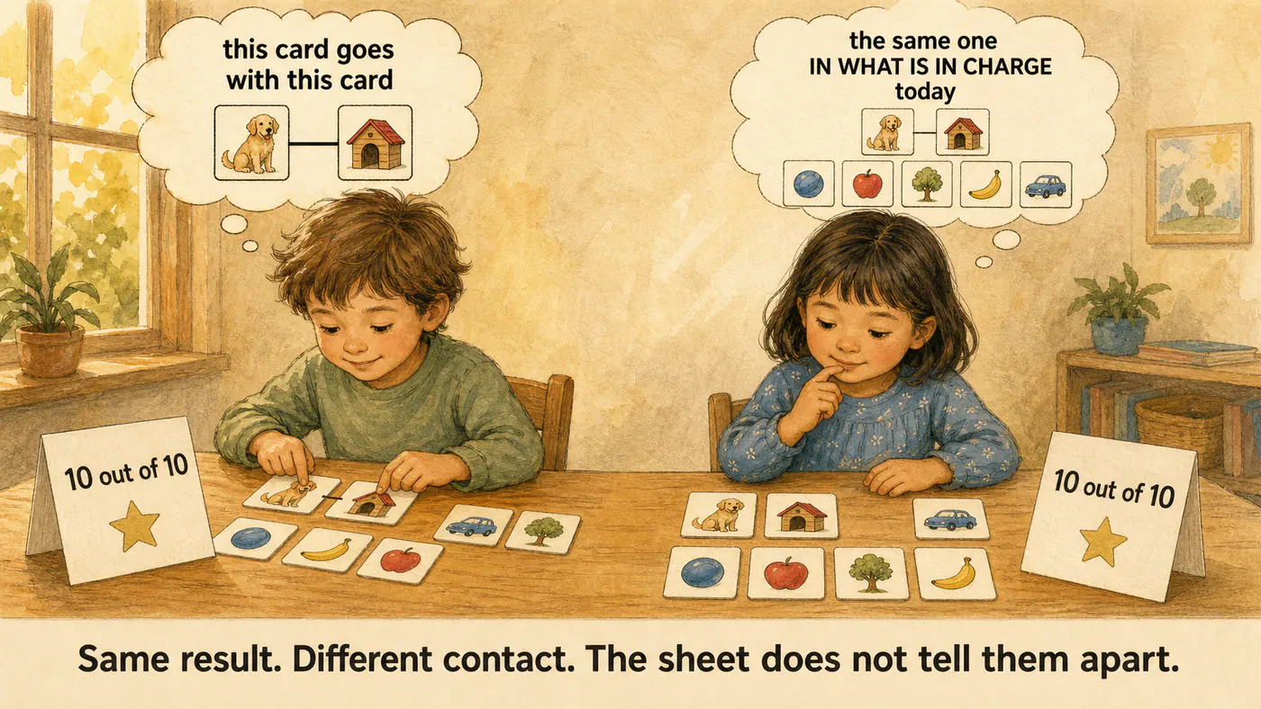 Two children with the same results sheet, "10 out of 10", and a different thought above each