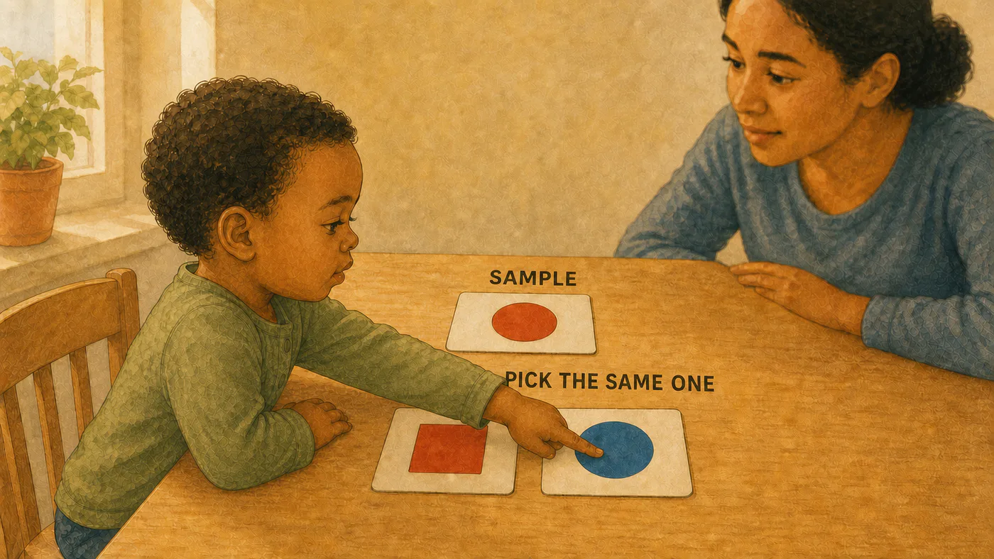 The table: the sample on top, two options below, and the child's finger on the blue circle