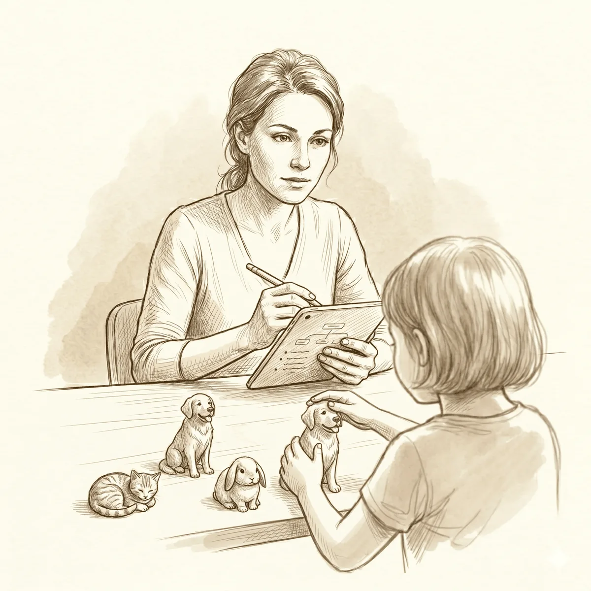 Instructor sitting with a young child, presenting physical cards while holding a phone to record responses